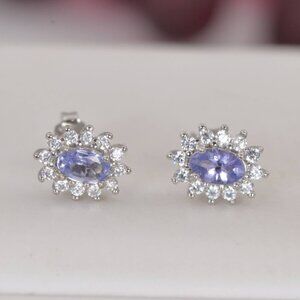 1.0ct Natural Tanzanite Oval Halo Cut Earrings 925 Sterling Silver NWT